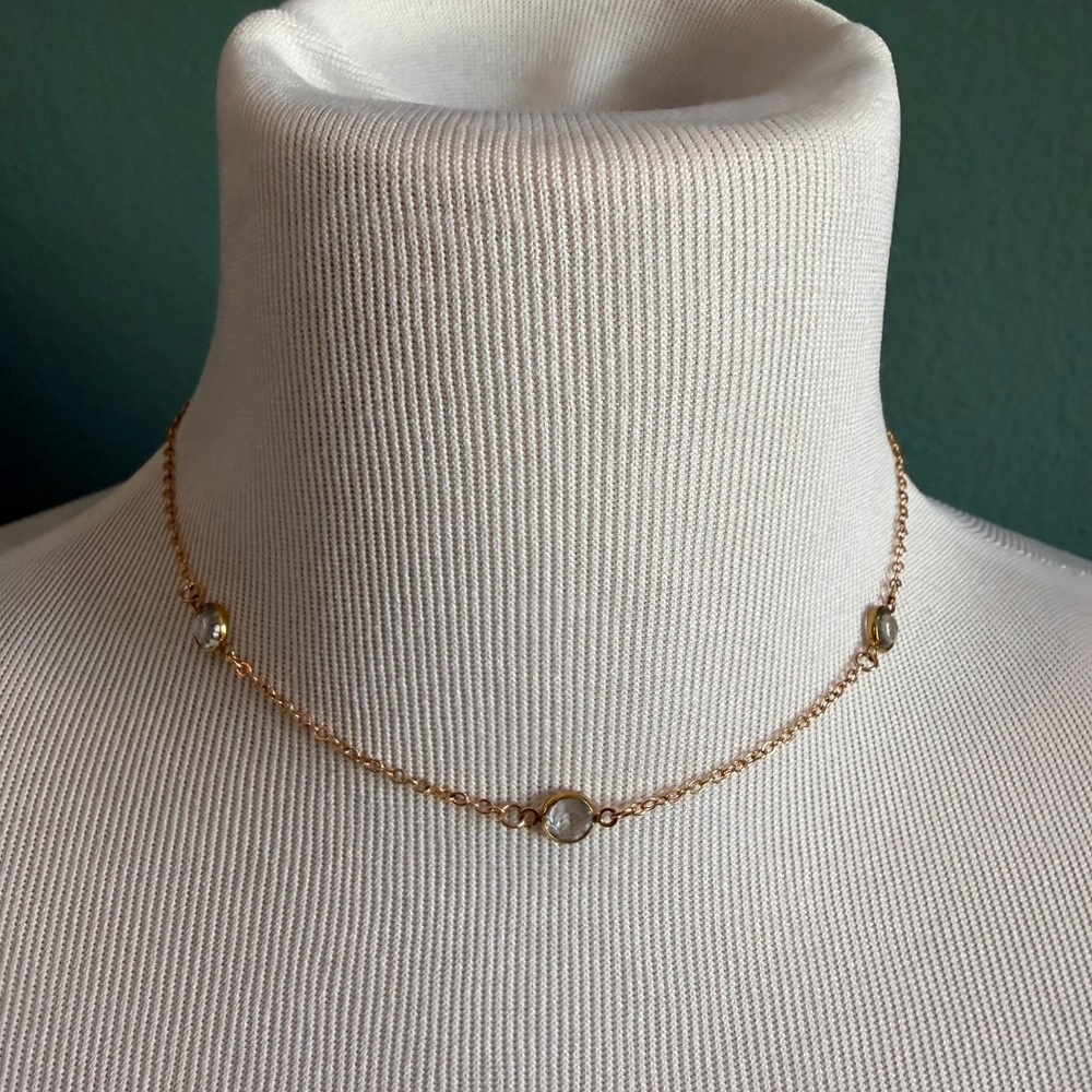 Handcrafted 7.5" gold tone choker necklace with crystal stones